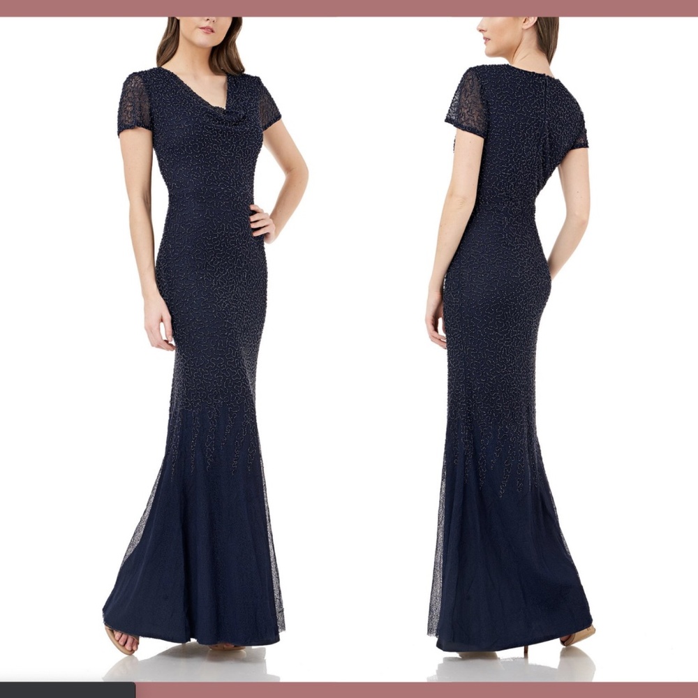 NWT $358 JS Collection Cowl Neck Beaded Mesh‎ Gown in Blue [SZ 8 ]